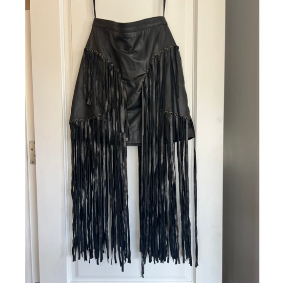 Understated Leather Leather Mini Skirt with Tassels in Black - Picture 1 of 11